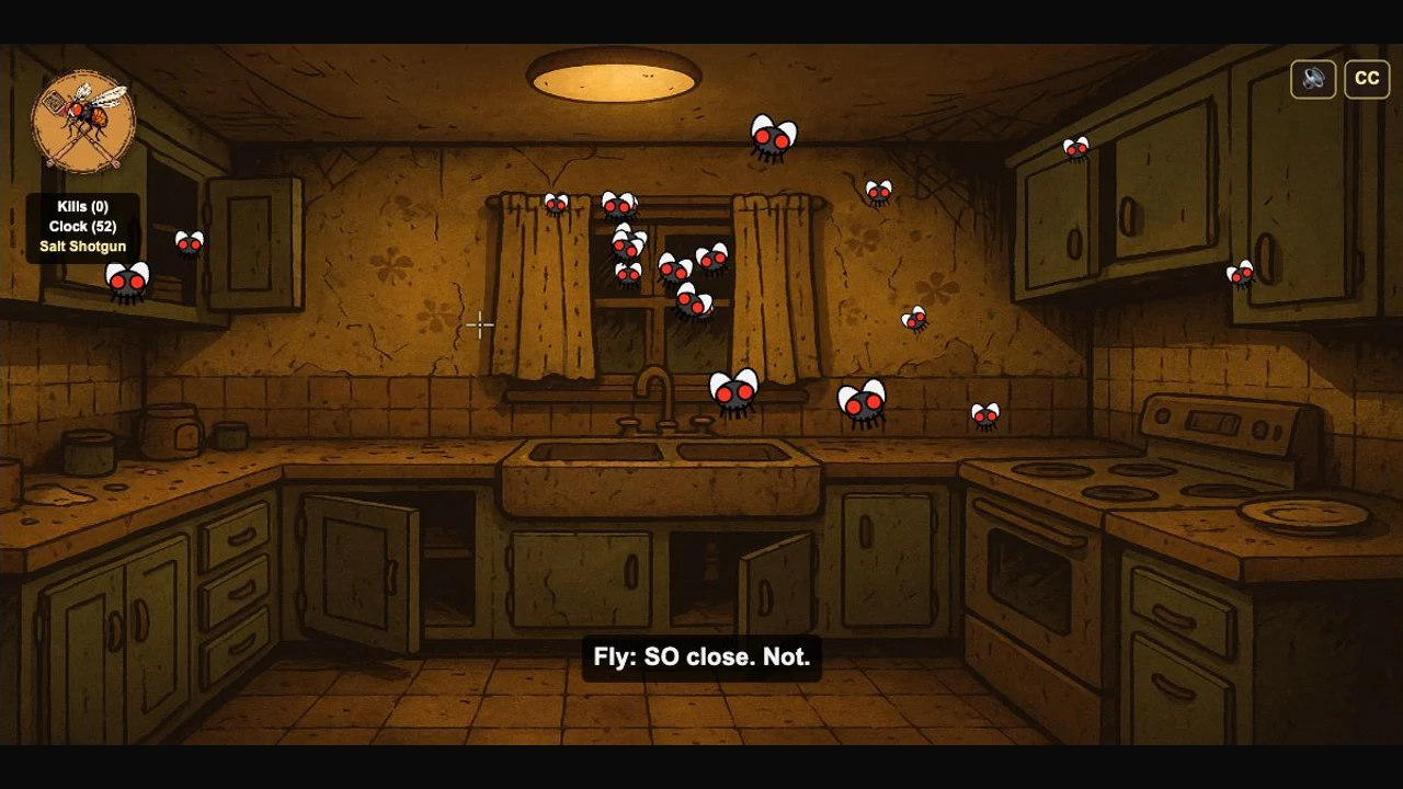 Actual Critters gameplay: cartoon flies swarm a warm, illustrated kitchen with a salt shotgun HUD.